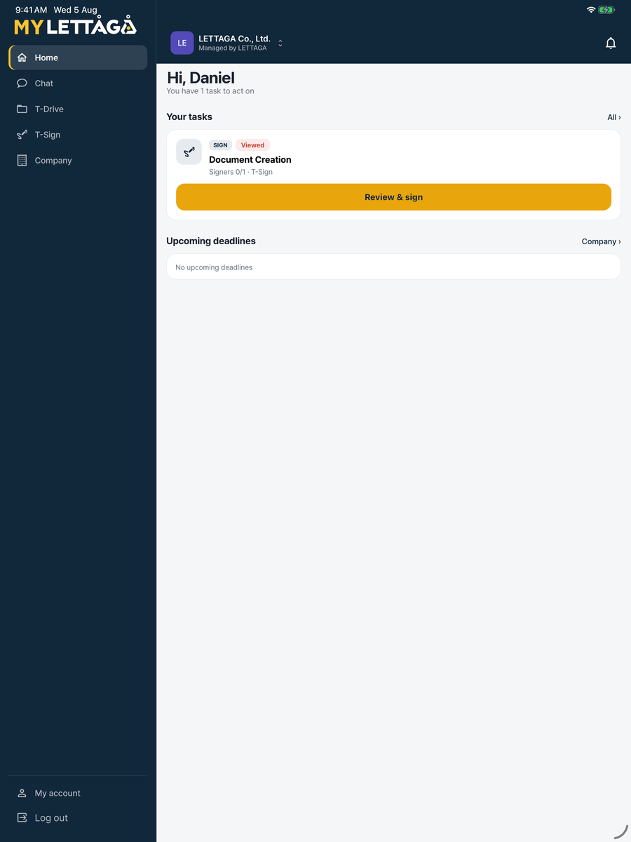 My Lettaga client portal on tablet — dashboard with tasks and deadlines